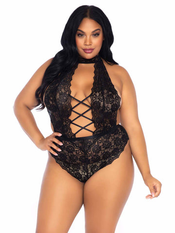 Leg Avenue Floral Lace Crotchless Teddy (Black) – Luxury Lingerie > Clothes > Plus Size Lingerie
