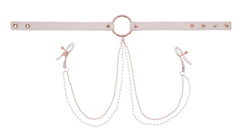 Sex & Mischief Peaches n CreaMe Collar with Nipple Clamps 35-44.5 cm Pink Nipple Clamps