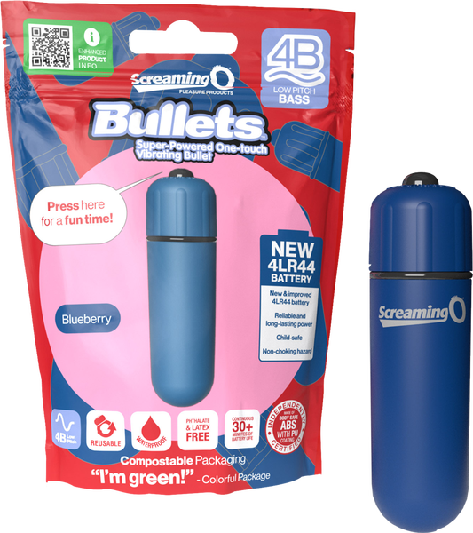 Screaming O Bullets 4B – Low Pitch Bass Vibrator with 4LR44 Batteries and Silky Finish Blue > Vibrators > Mini Vibrators