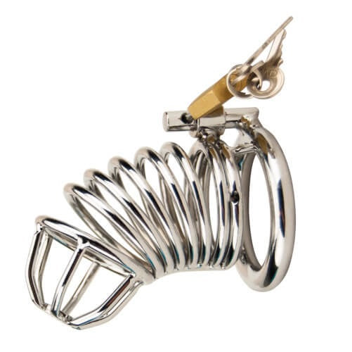 Impound Spiral Male Chastity Device – Metal Male Chastity Device with Padlock and Three Keys Cages
