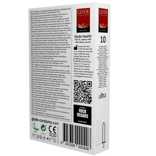 Glyde Ultra Vegan Condoms 10 Pack (Natural Color) – Premium Vegan Condoms 180mm Length 53mm Width > Essentials > Condoms
