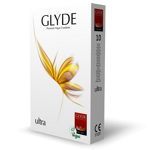 Glyde Ultra Vegan Condoms 10 Pack (Natural Color) – Premium Vegan Condoms 180mm Length 53mm Width > Essentials > Condoms