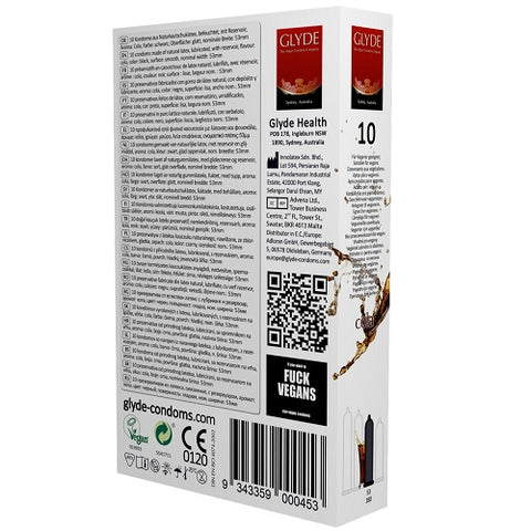 Glyde Ultra (Black, Cola Flavor) – Vegan Lubricated Condoms 10 Pack 180mm Length 53mm Width Condoms