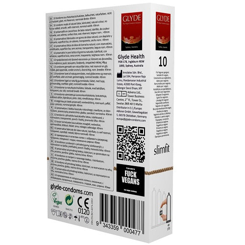 Glyde Ultra Slimfit (Natural) – Vegan Condom 49mm Width 170mm Length 10 Pack > Essentials > Condoms