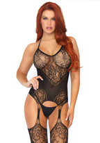 Lace Jacquard Suspender Bodystocking One Size Black Lingerie Black One Size > Clothes > Bodies and Playsuits