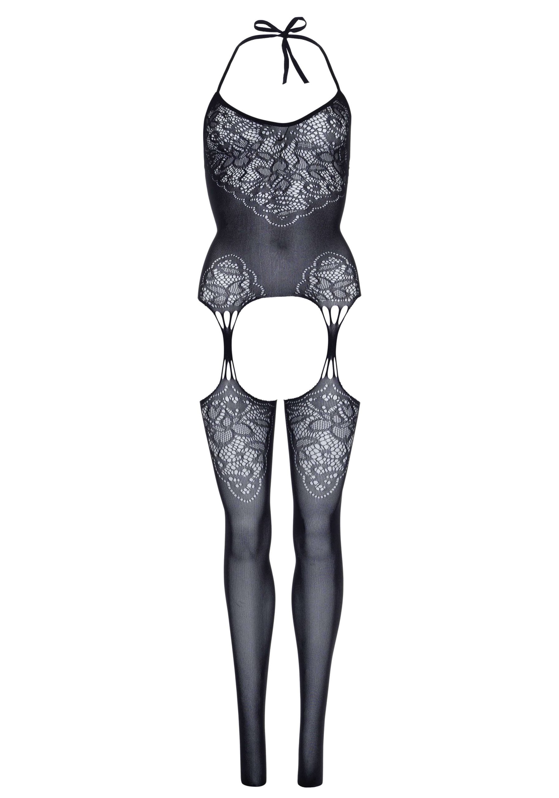 Lace Jacquard Suspender Bodystocking One Size Black Lingerie Bodystockings