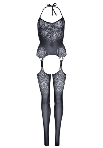 Lace Jacquard Suspender Bodystocking One Size Black Lingerie Bodystockings