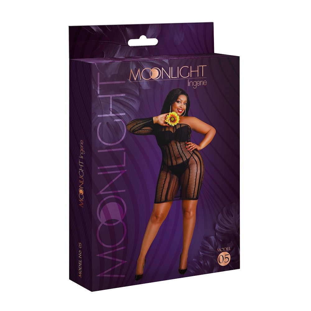 Moonlight Plus Model 05 Black Dress with Straight Stripe Patterns and One Covered Sleeve > Clothes > Dresses and Chemises