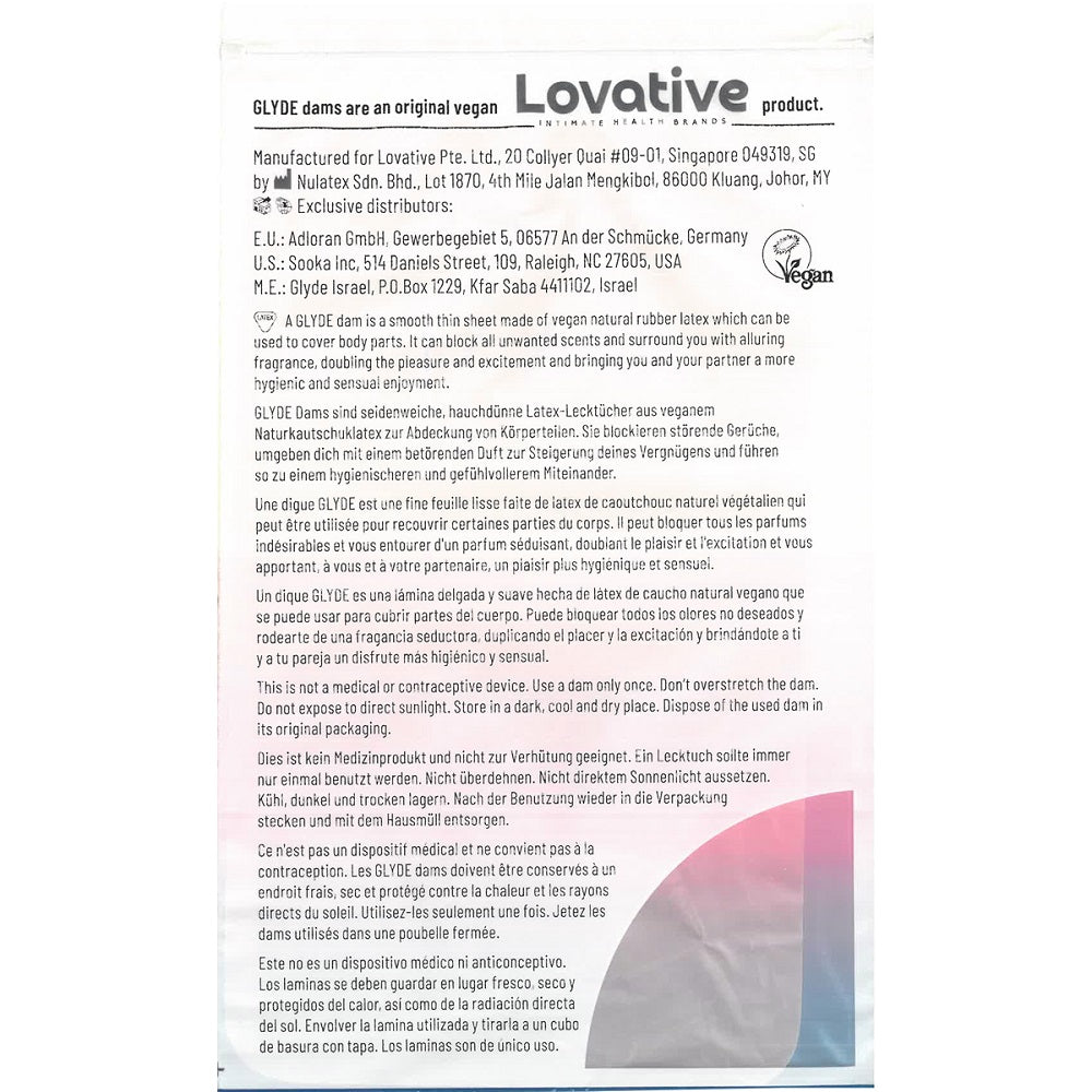 Glyde Vegan Dams Mixed Flavour 4 Pack – Silky Thin Barrier Latex Sheets Condoms