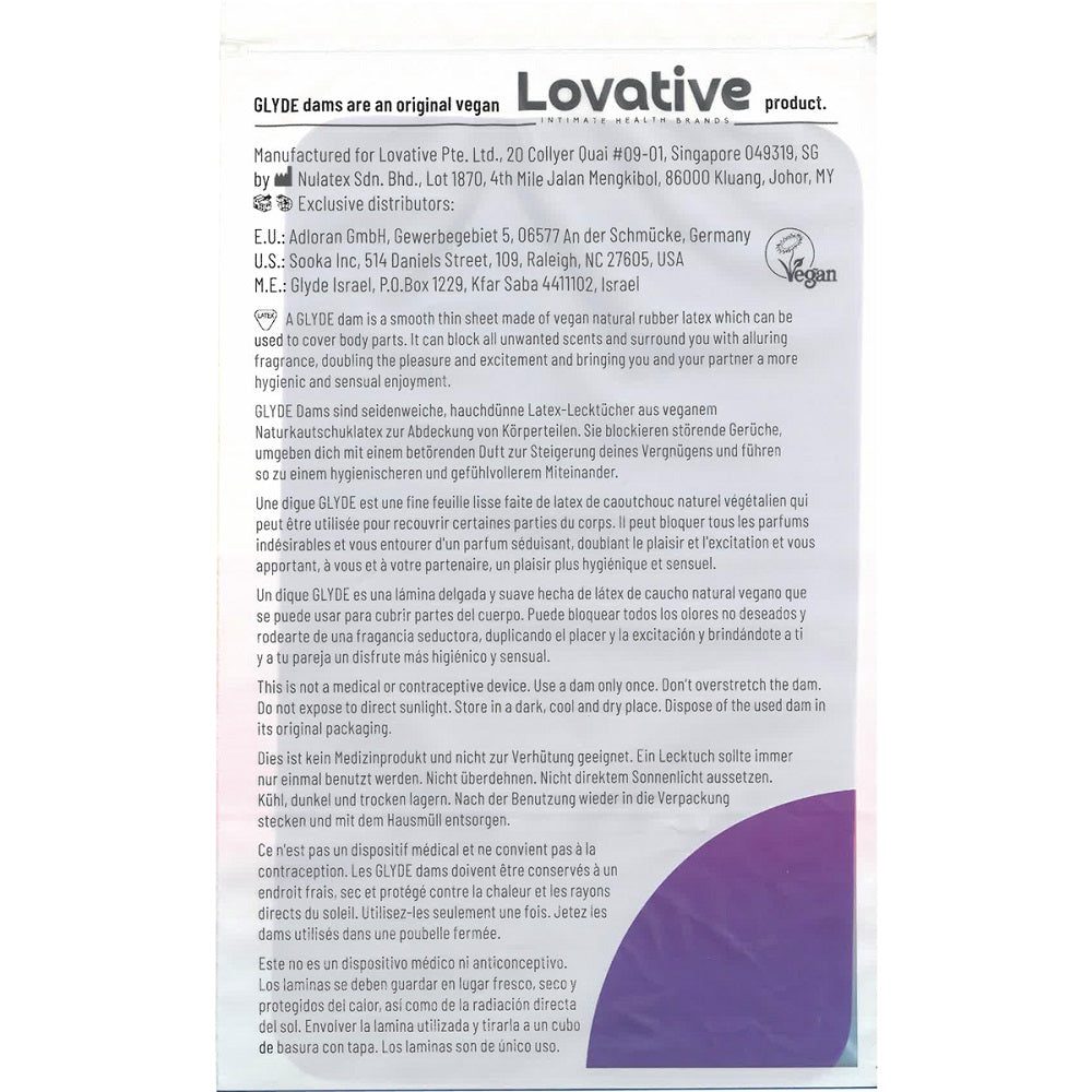 Glyde Vegan Dams Mixed Flavour 4 Pack – Silky Thin Barrier Latex Sheets Condoms