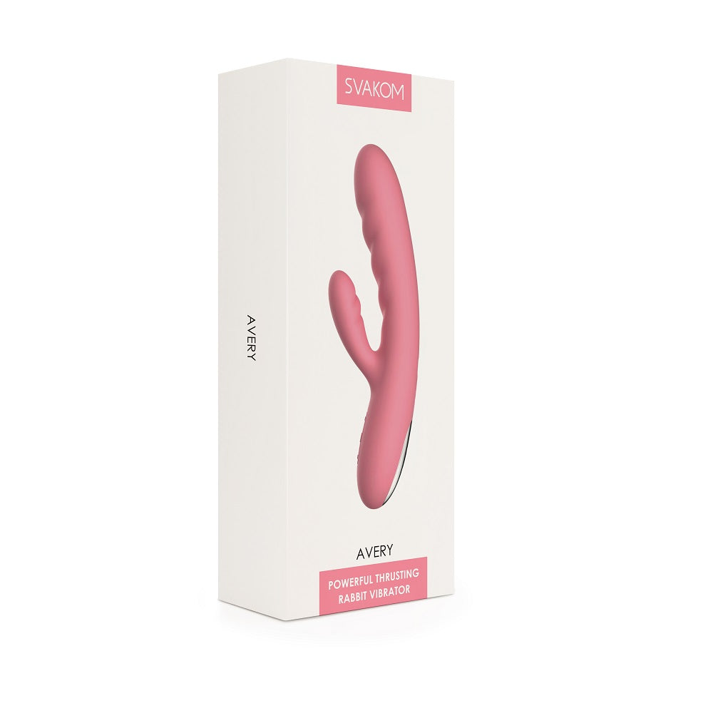 Svakom Avery (Pink) – Waterproof Thrusting Vibrator with Clitoral Stimulator and Magnetic Charging 7.6 Inch VIBRATORS-RABBIT