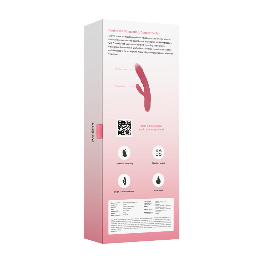 Svakom Avery (Pink) – Waterproof Thrusting Vibrator with Clitoral Stimulator and Magnetic Charging 7.6 Inch > Vibrators > Ladies > Rabbit