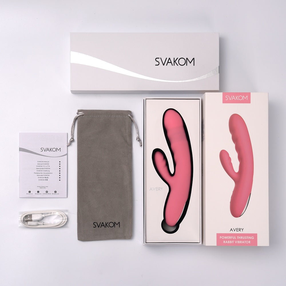 Svakom Avery (Pink) – Waterproof Thrusting Vibrator with Clitoral Stimulator and Magnetic Charging 7.6 Inch VIBRATORS-RABBIT