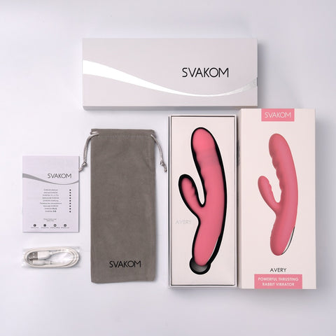 Svakom Avery (Pink) – Waterproof Thrusting Vibrator with Clitoral Stimulator and Magnetic Charging 7.6 Inch VIBRATORS-RABBIT