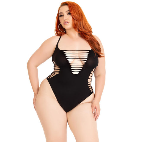 Leg Avenue Shredded Thong Bodysuit (Black, Plus Size) – Seamless Lingerie Bodystockings