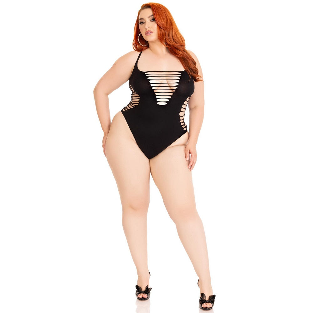 Leg Avenue Shredded Thong Bodysuit (Black, Plus Size) – Seamless Lingerie Bodystockings