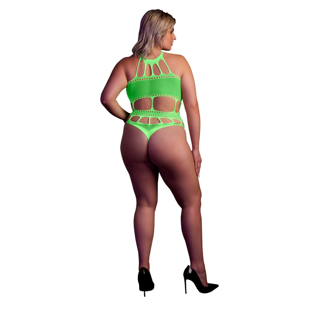 Cut Out Thong Bodysuit (Neon Green Plus Size) – Glow in the Dark Lingerie Bodystockings