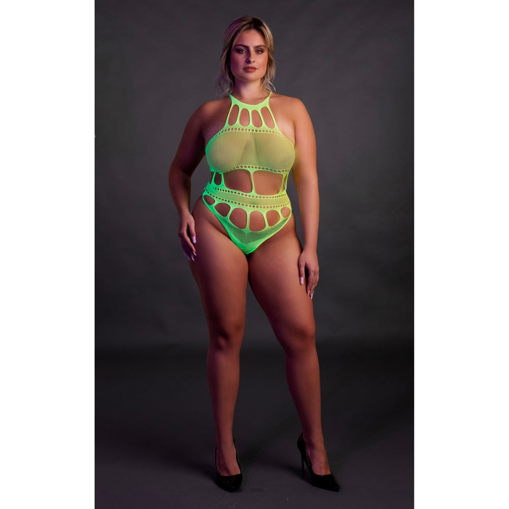 Cut Out Thong Bodysuit (Neon Green Plus Size) – Glow in the Dark Lingerie Bodystockings