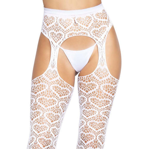 Heart Net Suspender Pantyhose With Garter Belt Look White