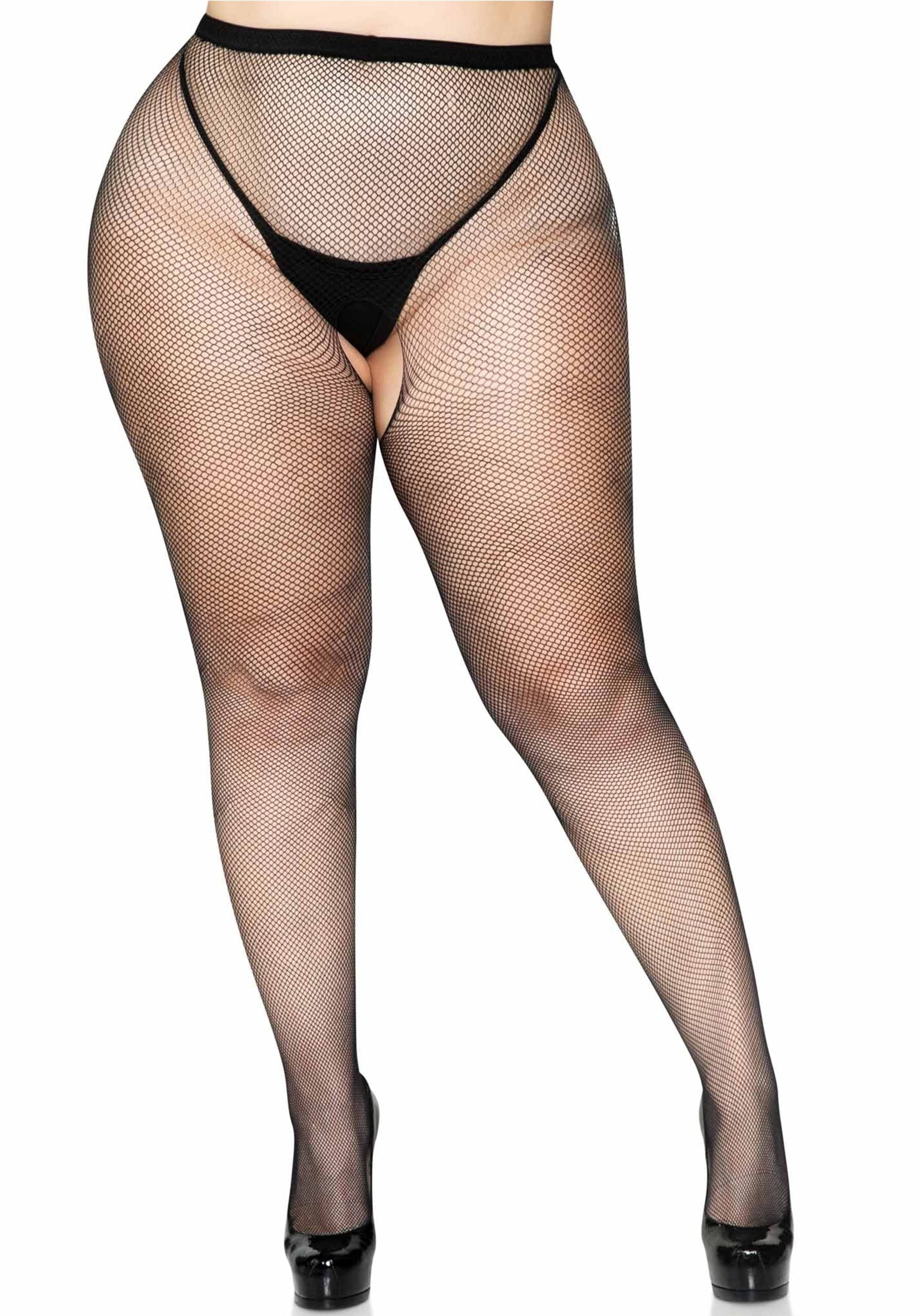 Crotchless Fishnet Pantyhose Queen Size Black Hosiery Lingerie Hosiery