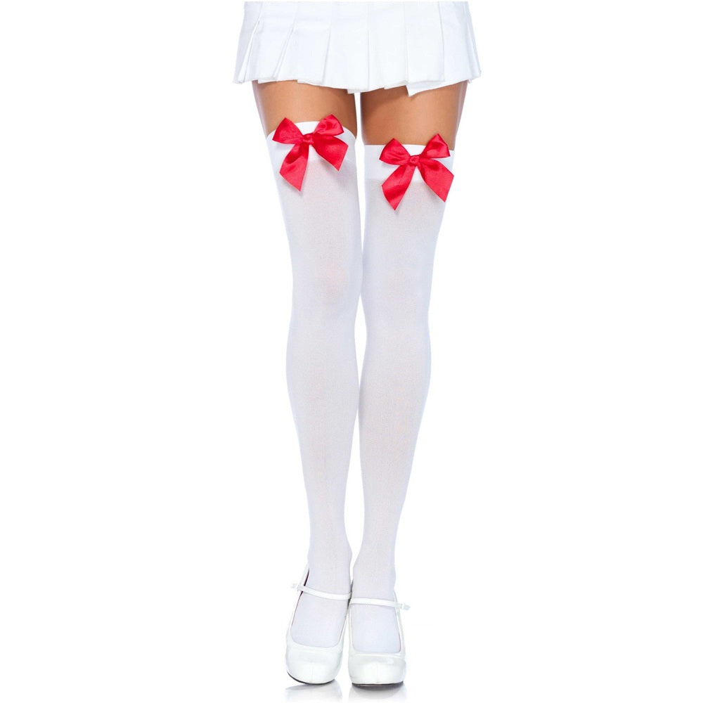 Leg Avenue Nylon Thigh Highs (White/Pink) – Bow Detail Lingerie Hosiery