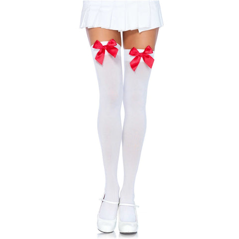 White Nylon Over The Knee Socks With Red Bow Accent Hosiery