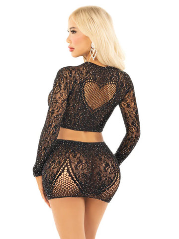 Black Rhinestone Lace Crop Top and Heart Keyhole Mini Skirt Lingerie Sets
