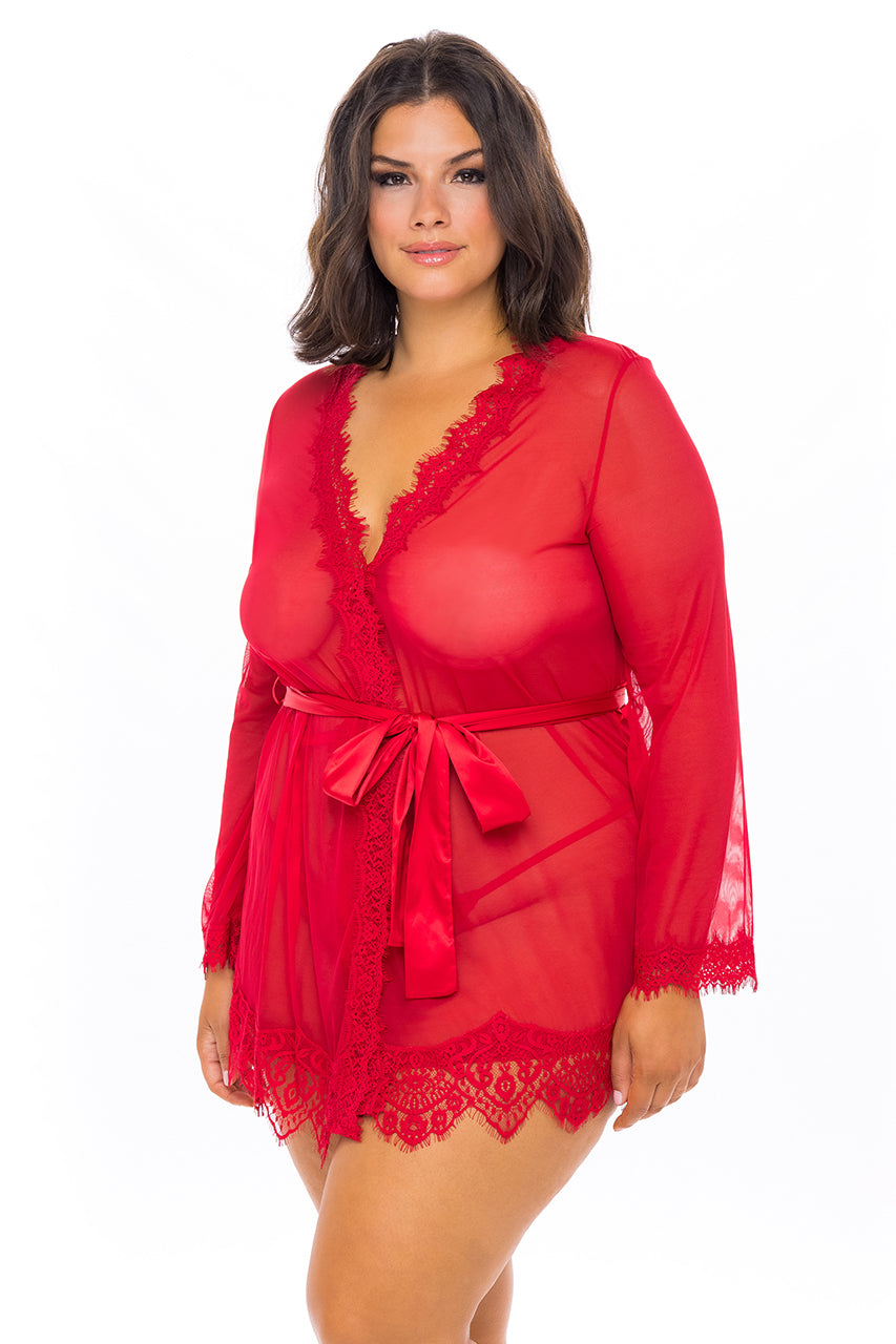 Oh La La Cheri Provence Robe – Satin Feel Lingerie Robe Red 1X 2X > Clothes > Womens Robes & Sleepwear