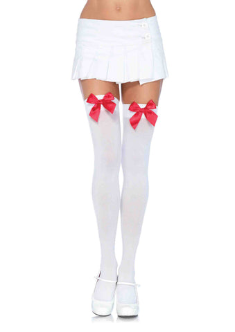 White Nylon Over The Knee Socks With Red Bow Accent Hosiery White One Size Hosiery