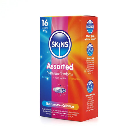 Skins Assorted Condoms 16 Pack – Natural, Dotted, Ribbed, Ultra Thin Condoms > Essentials > Condoms