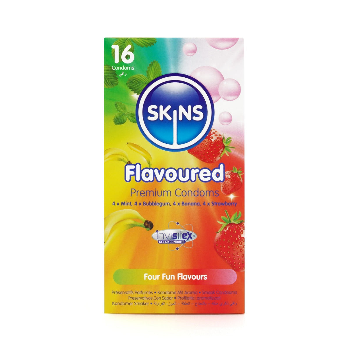 Skins Flavoured Condoms 16 Pack – Extra Lubrication Condoms with Banana Bubblegum Mint Strawberry Flavours > Essentials > Condoms