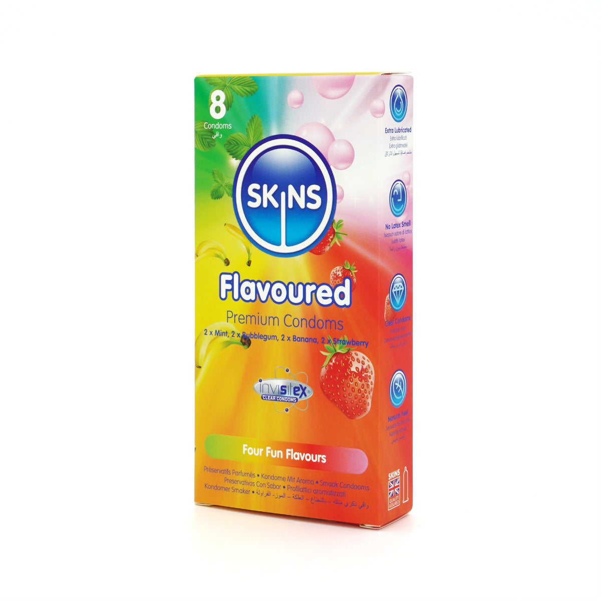 Skins Flavoured Condoms 8 Pack – Multipack with Banana, Bubblegum, Mint, and Strawberry Flavours > Essentials > Condoms
