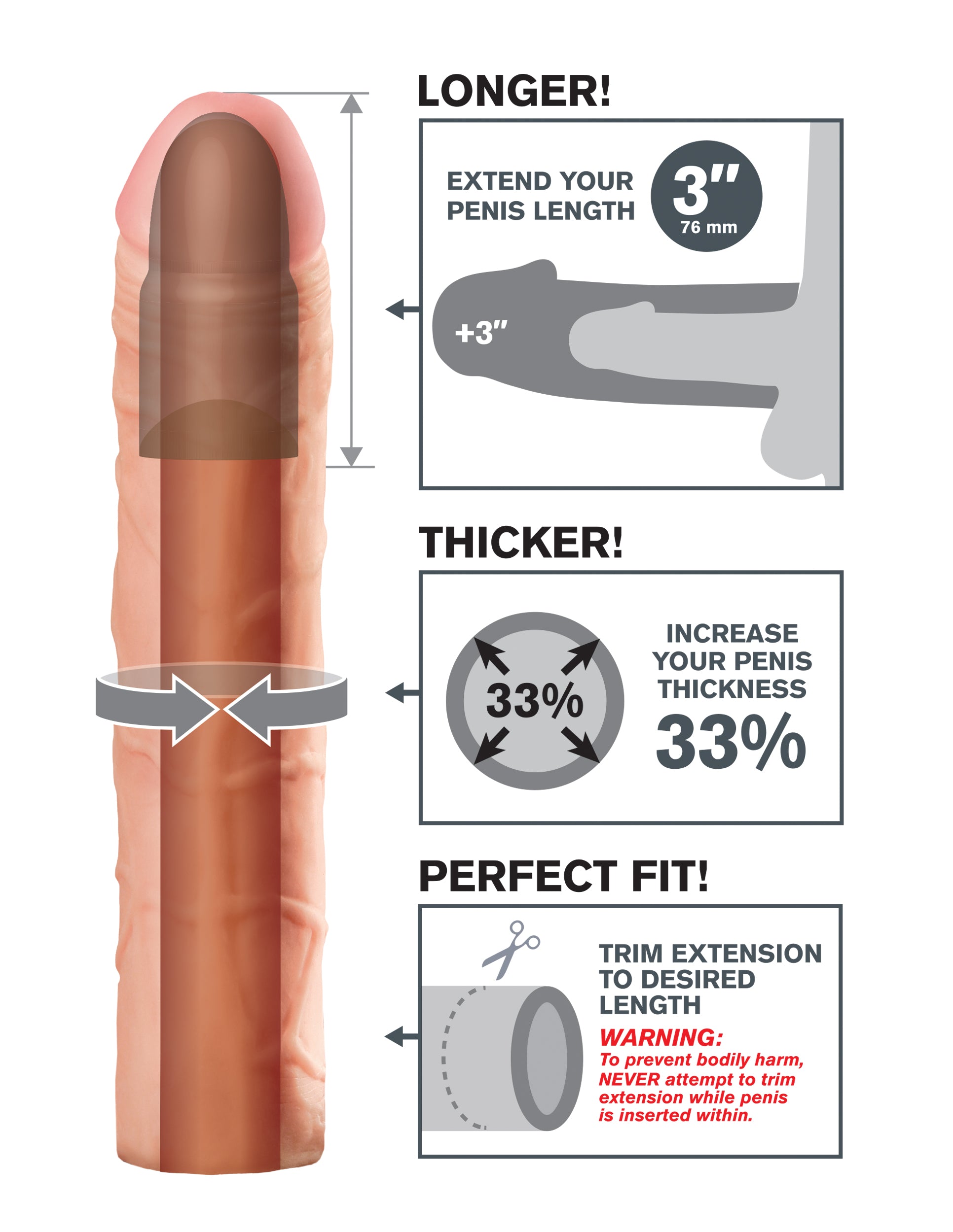Fantasy X-Tensions Perfect 3 Inch Extension – Soft Flexible Fanta Flesh Penis Extension Sleeve > Sex Toys For Men > Penis Sleeves