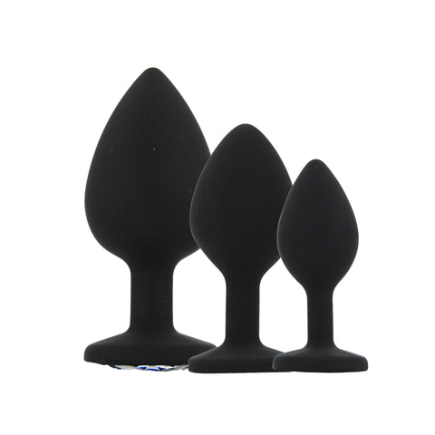 Toosh Silicone Butt Plug Set of 3 (Black/Clear Stone) – Smooth Surface Beginner and Advanced Butt Plug Set > Anal Range > Jewel Butt Plugs
