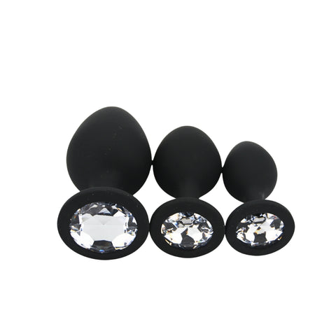 Toosh Silicone Butt Plug Set of 3 (Black/Clear Stone) – Smooth Surface Beginner and Advanced Butt Plug Set > Anal Range > Jewel Butt Plugs