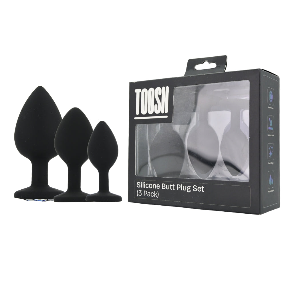 Toosh Silicone Butt Plug Set of 3 (Black/Clear Stone) – Smooth Surface Beginner and Advanced Butt Plug Set > Anal Range > Jewel Butt Plugs