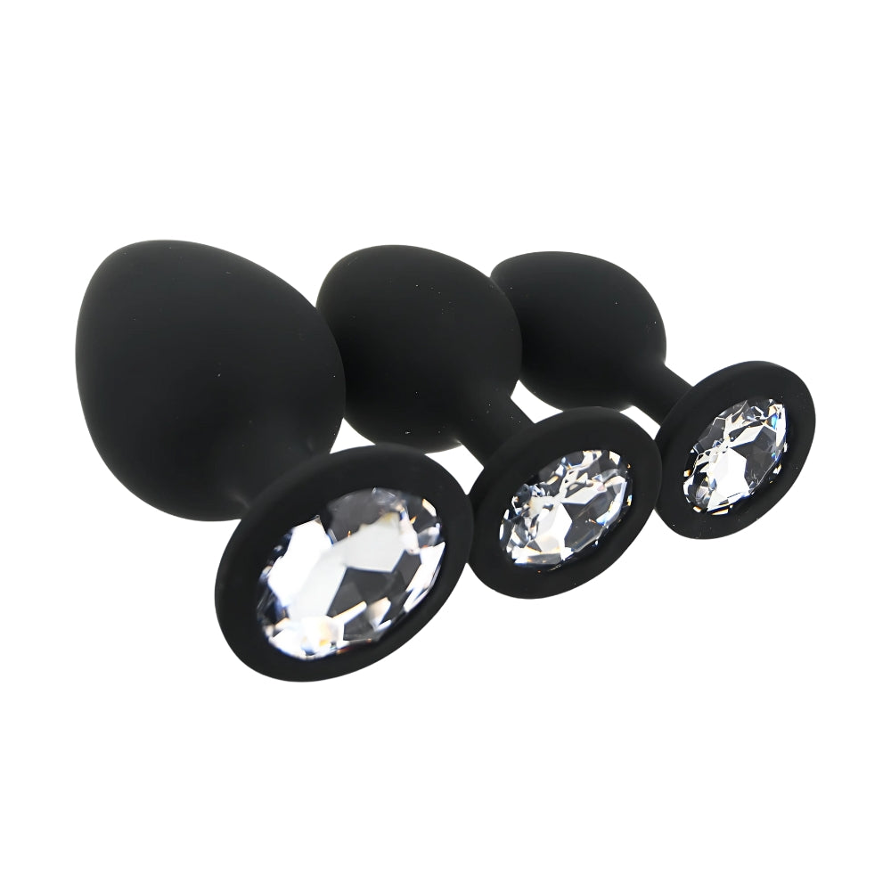 Toosh Silicone Butt Plug Set of 3 (Black/Clear Stone) – Smooth Surface Beginner and Advanced Butt Plug Set > Anal Range > Jewel Butt Plugs