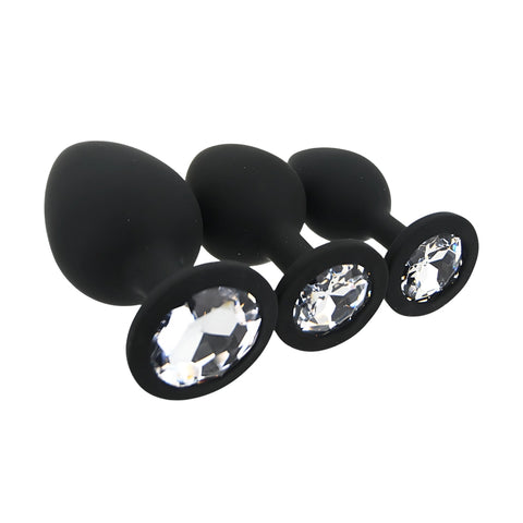 Toosh Silicone Butt Plug Set of 3 (Black/Clear Stone) – Smooth Surface Beginner and Advanced Butt Plug Set > Anal Range > Jewel Butt Plugs