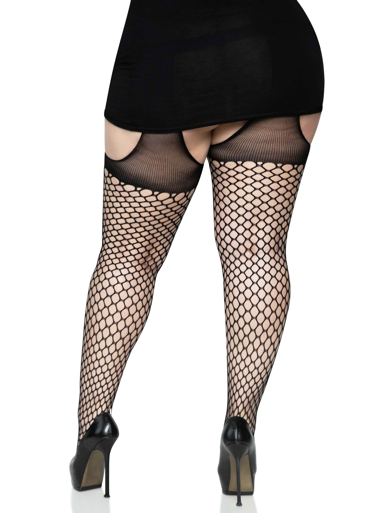 Plus Size Oval Net Suspender Hose with Opaque Top Black Hosiery